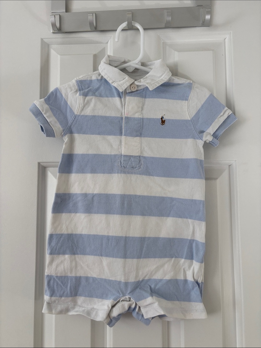 Polo by Ralph Lauren Blue and White Striped Short Sleeve Polo Romper